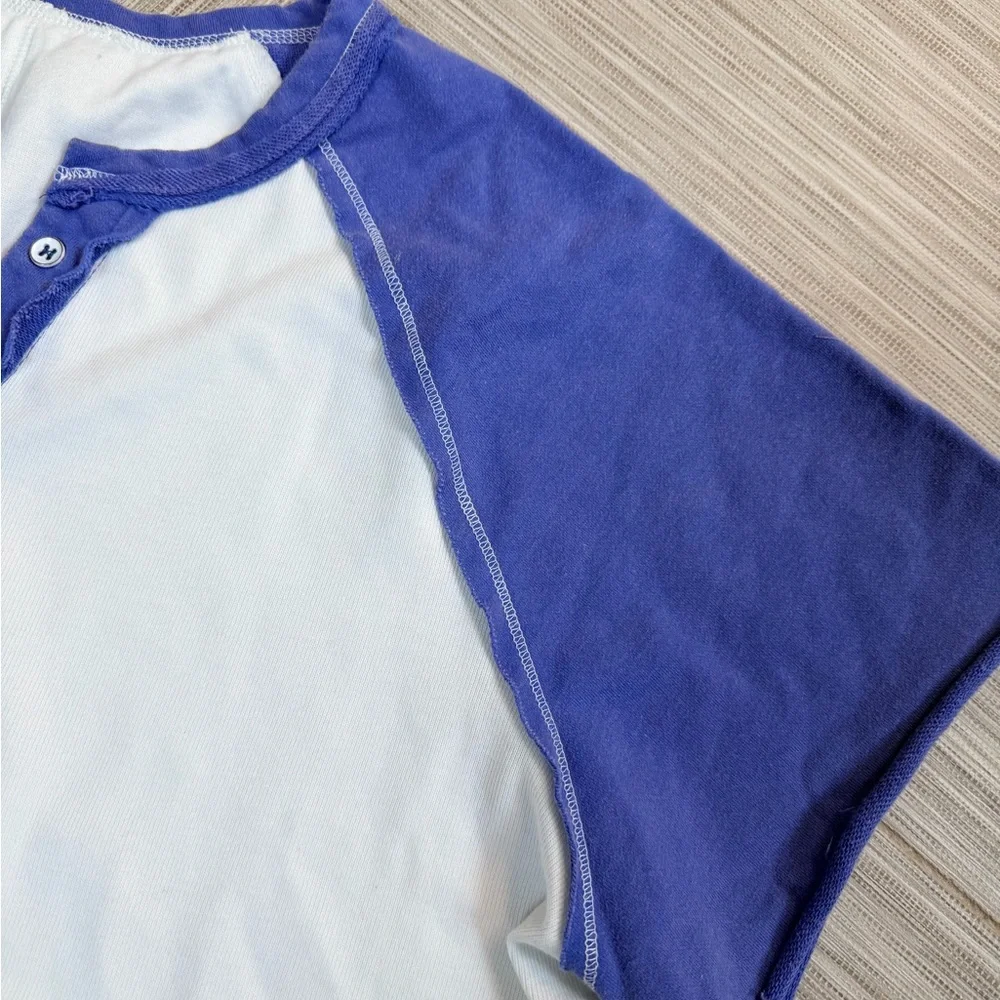 Women’s Two-Tone short-sleeve Sweatshirt Purple & White Henley Top - Picture 2 of 2
